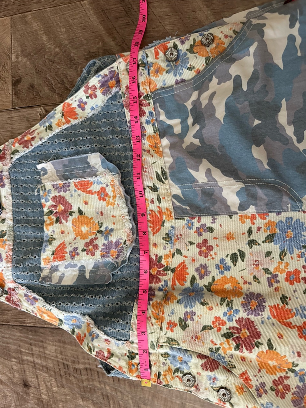POL Floral Patchwork Denim-Trim Overalls in Blue, Orange & Purple - Picture 4 of 4